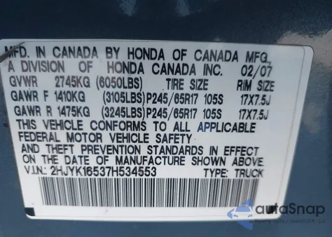 2007 Honda Ridgeline Rtl z USA, uszkodzony, nr VIN 2HJYK16537H534553